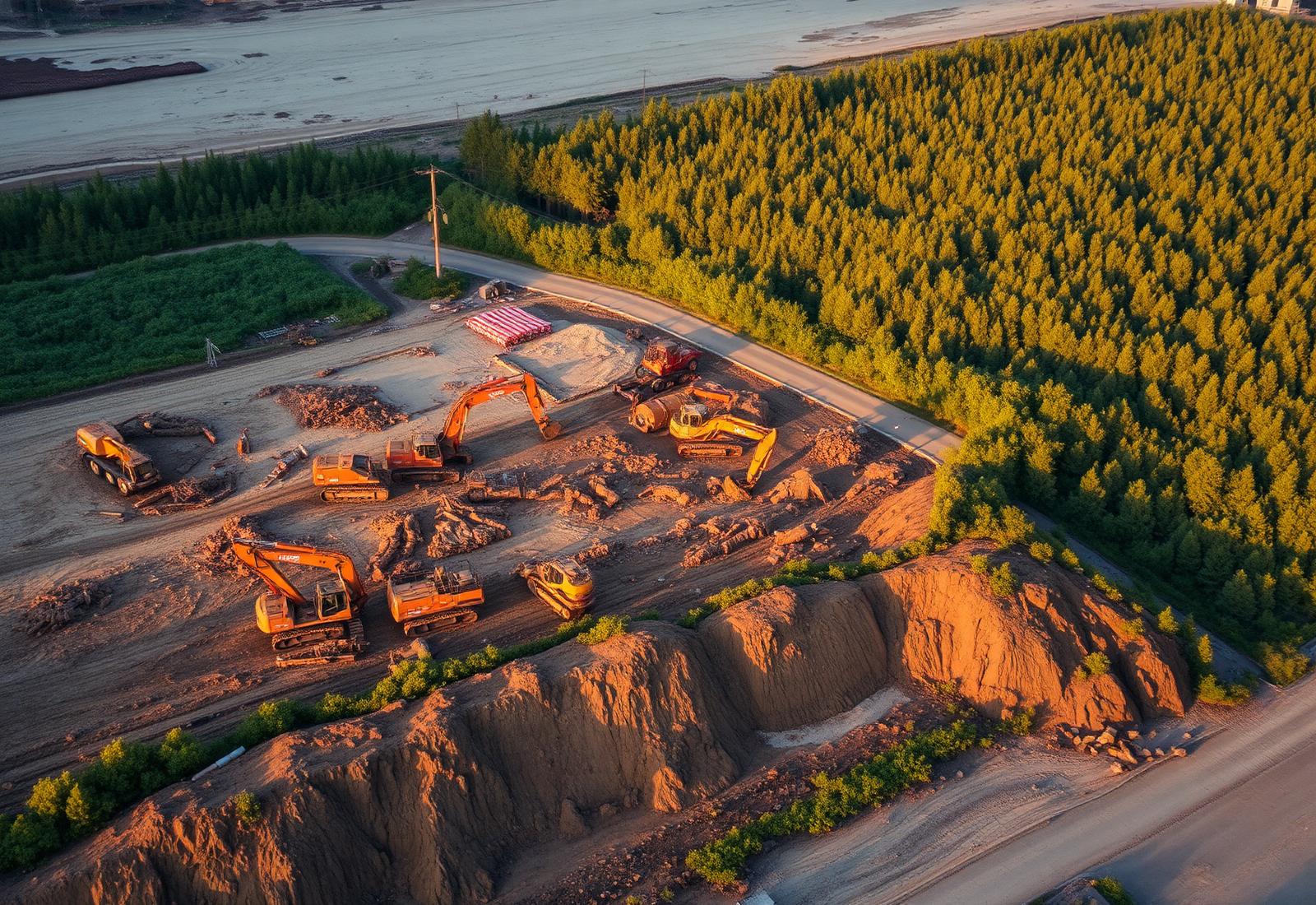 Aerial view of a brownfield remediation site at golden hour